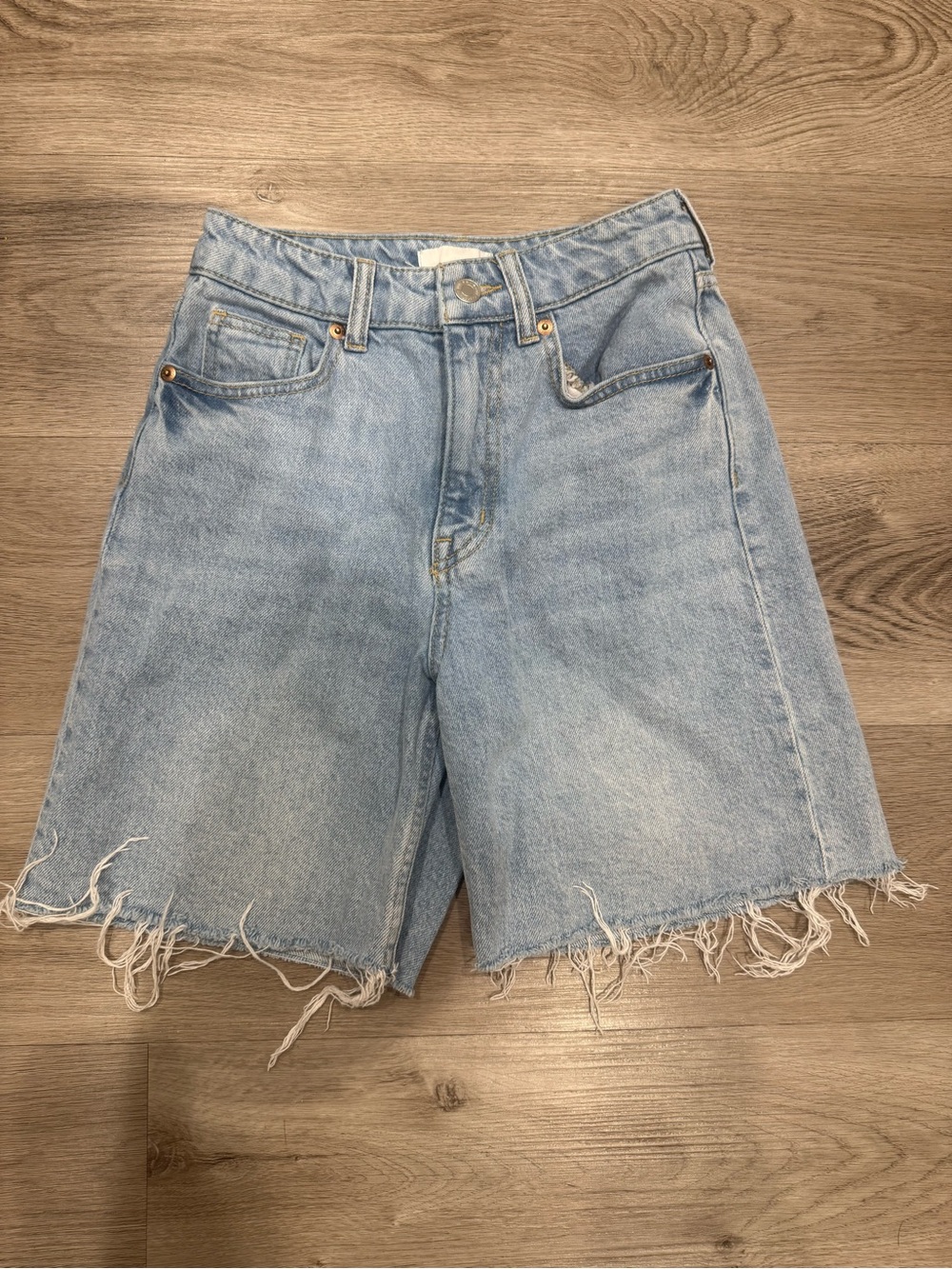 H&M Light Blue High-Rise Frayed Hem Denim Shorts
